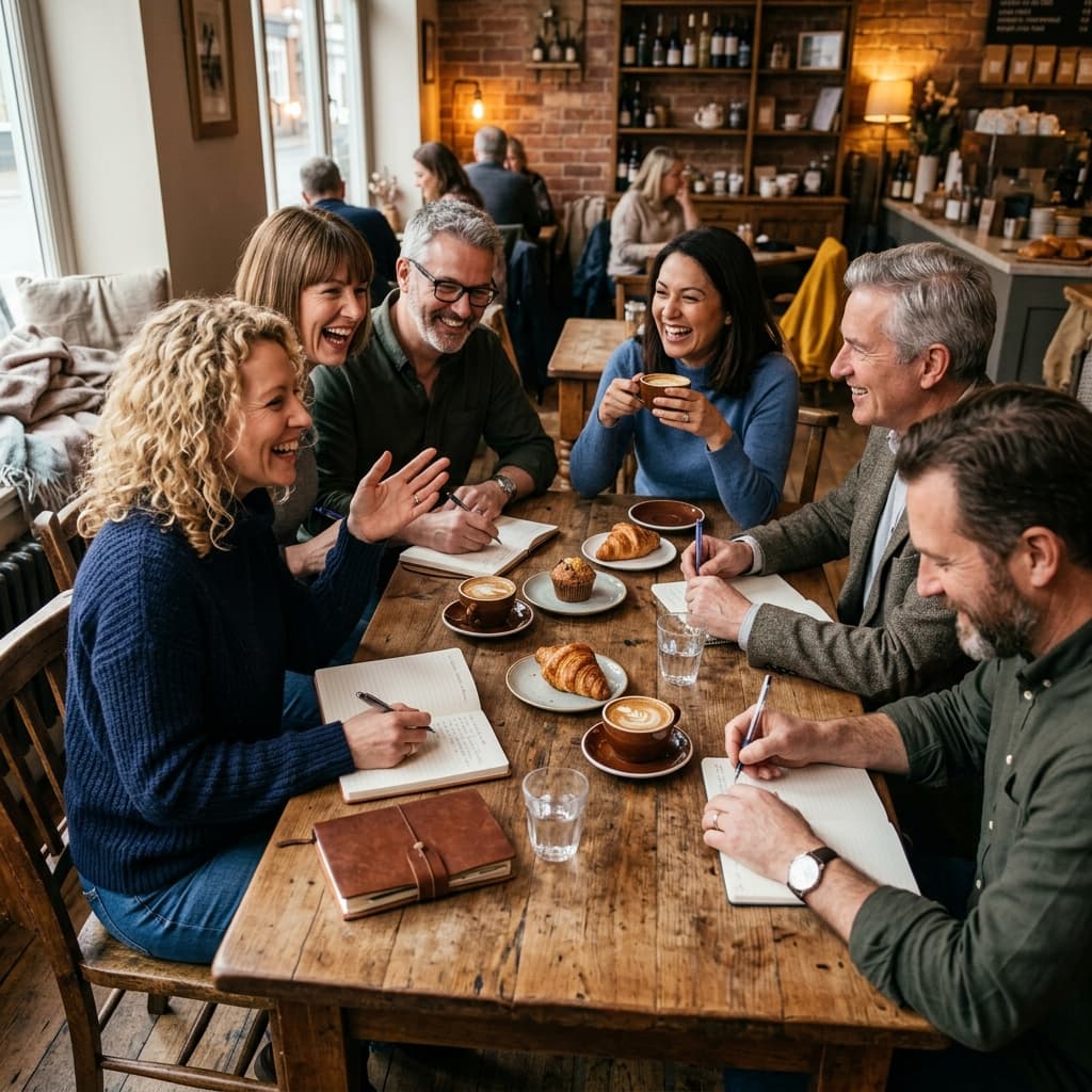 Aerial top down view of people at a cafe table writing and conversing