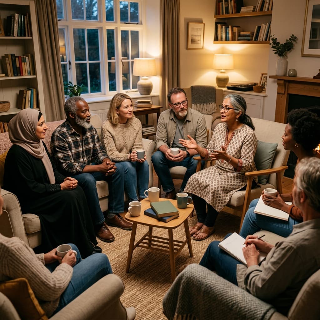 Diverse community sitting in a circle listening to a speaker
