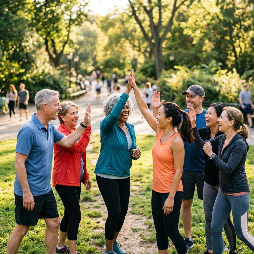 Group of diverse friends high-fiving outdoors