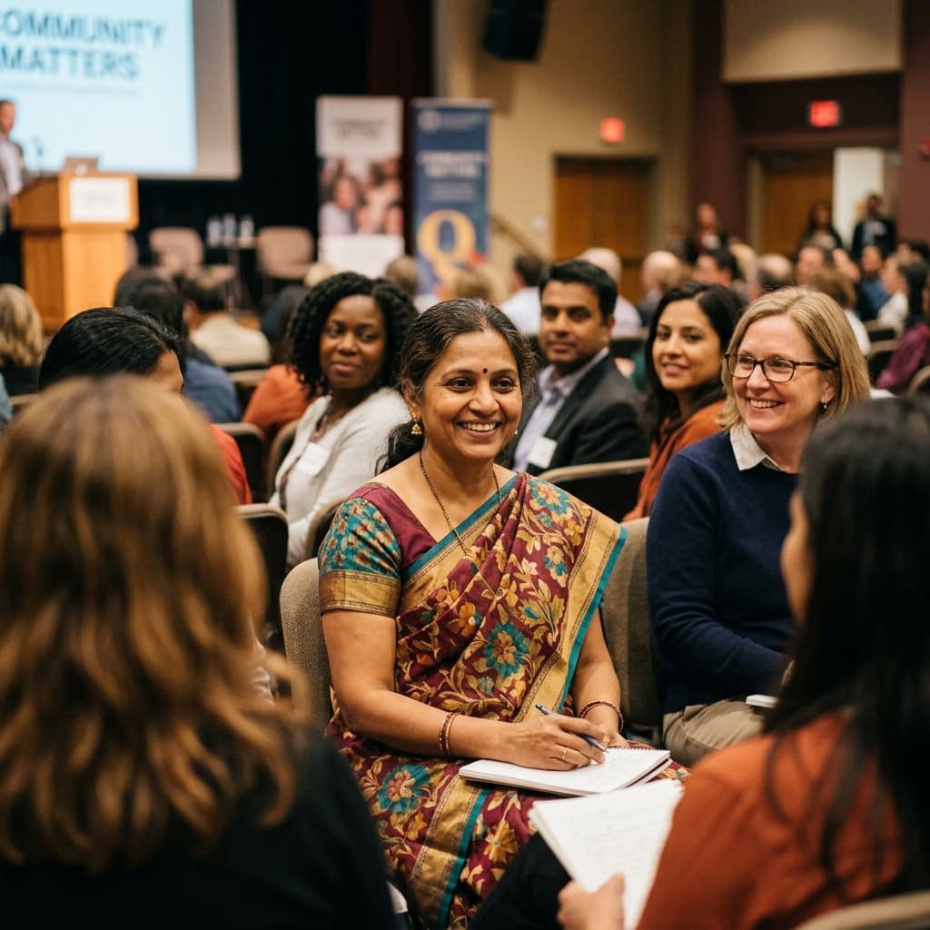 Middle-aged woman smiling at a community seminar